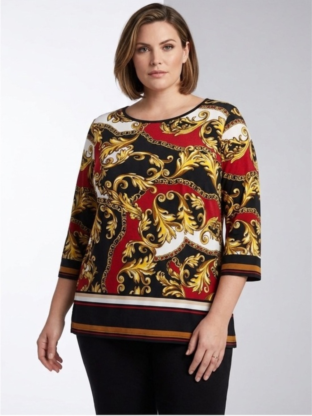 3/$30 Rafaela Baroque Print Red & Black Scoop Neck Top Size 2X Cotton